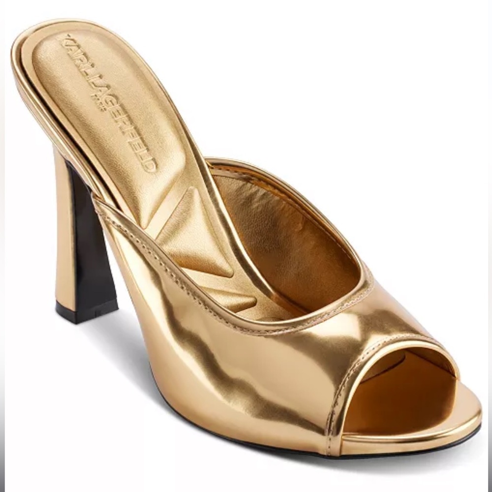 Karl Lagerfeld Metallic Gold Peep-Toe Mule Heels